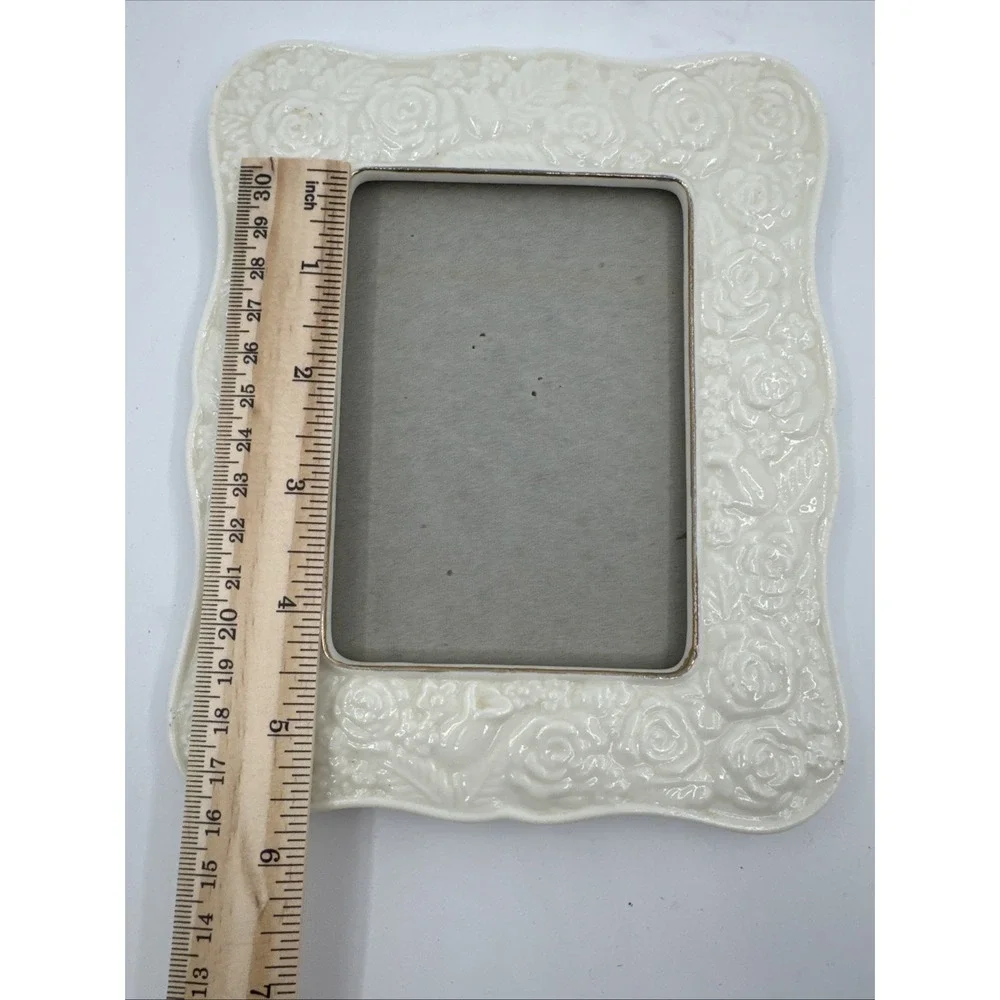 Vintage Ceramic Picture Frame Embossed Roses Romantic 6.5 x 6 Feminine Coquette